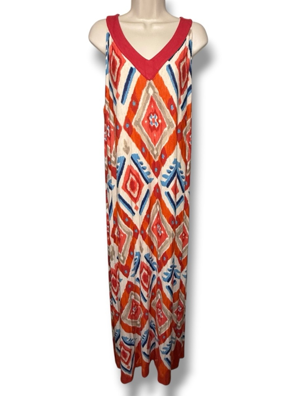 Chico's Women’s Sleeveless Exploded Ikat Maxi Dress in Red & Orange Size 3 (XL)
